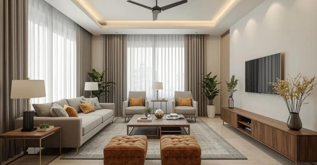 Modern 2BHK living room interior design in Delhi NCR with false ceiling and ambient lighting